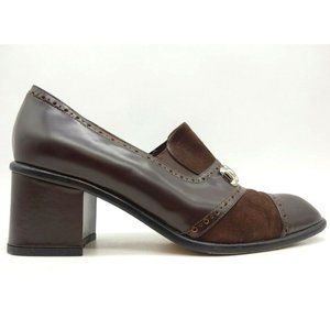 Versani Brown Leather Cap Toe Slip On Block Heel Dress Shoes Women's 8.5 B